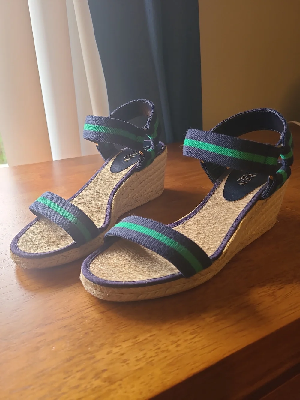 Lauren Ralph Lauren Navy and Green Striped Espadrille Wedges